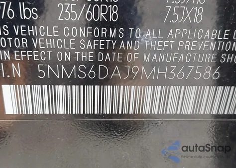 2021 Hyundai Santa Fe Sel from USA, damaged, VIN 5NMS6DAJ9MH367586